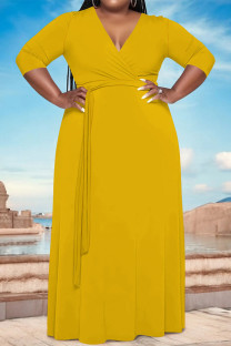Yellow Casual Solid Color Lace Up V Neck Printed Plus Size Dresses