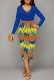 Blue Elegant Colorblock Print Contrast V Neck Printed Dresses
