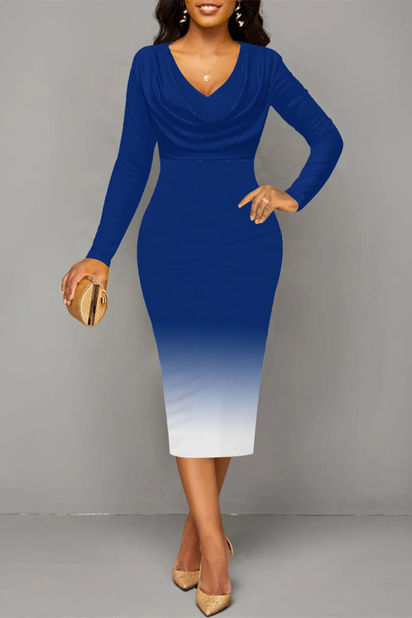 Blue Elegant Gradient Print Contrast V Neck Printed Dresses
