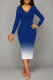 Blue Elegant Gradient Print Contrast V Neck Printed Dresses