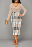 Blue Elegant Colorblock Print Contrast V Neck Printed Dresses
