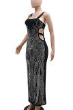 Blue Sexy Hollow Out Patchwork Backless Hot Drill Square Neck Long Dresses