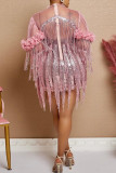 Pink Sexy Fringed Trim Ripped Patchwork See-Through Mesh Turtleneck Evening Dresses