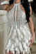 White Sexy Solid Color Patchwork See-Through Feathers Hot Drill Zipper O Neck Wrapped Skirt Dresses