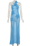 Blue Sexy Flowers Hollow Out Patchwork Backless Strap Design Halter Long Dresses