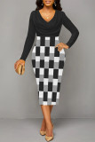 Blue Elegant Colorblock Print Contrast V Neck Printed Dresses