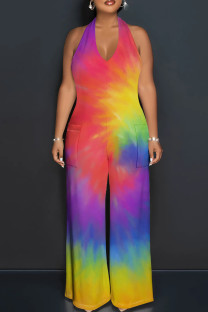 Rainbow Color Street Tie Dye Patchwork Backless Strap Design Halter Loose Jumpsuits