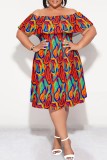 Light Color Casual Print Patchwork Off Shoulder Short Sleeve Plus Size Dresses