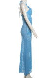 Blue Sexy Flowers Hollow Out Patchwork Backless Strap Design Halter Long Dresses