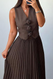 Grey Elegant Flowers Patchwork Ruched V Neck Sleeveless Two Pieces