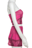 Pink Sexy Print Patchwork Backless Strapless Sleeveless Two Pieces