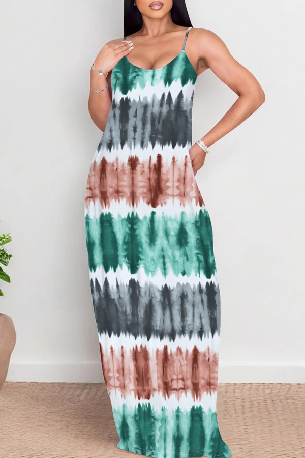 Green Casual Tie Dye Patchwork Backless Spaghetti Strap Sling Dresses