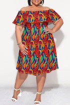 Red Casual Print Patchwork Off Shoulder Short Sleeve Plus Size Dresses