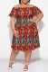 Red Casual Print Patchwork Off Shoulder Short Sleeve Plus Size Dresses