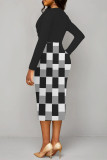 Blue Elegant Colorblock Print Contrast V Neck Printed Dresses