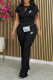 Black Casual Street Letter Print Texture O Neck Short Sleeve Two Pieces