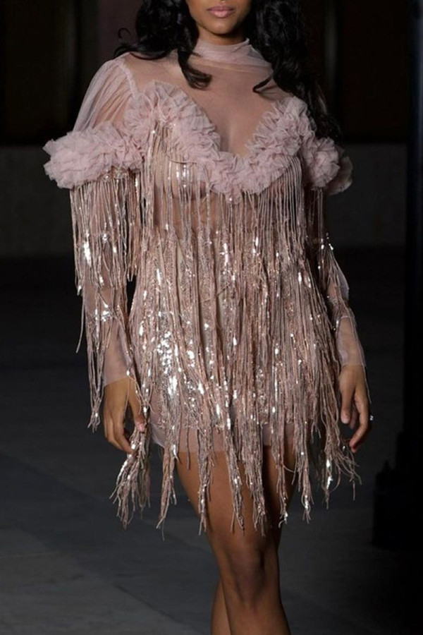 Champagne Sexy Fringed Trim Ripped Patchwork See-Through Mesh Turtleneck Evening Dresses