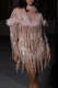 Champagne Sexy Fringed Trim Ripped Patchwork See-Through Mesh Turtleneck Evening Dresses