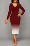 Green Elegant Gradient Print Contrast V Neck Printed Dresses