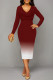 Red Elegant Gradient Print Contrast V Neck Printed Dresses