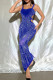 Blue Sexy Hollow Out Patchwork Backless Hot Drill Square Neck Long Dresses