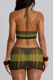 Green Sexy Hollow Out Patchwork Backless Halter Wrapped Skirt Dresses