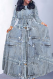 The cowboy blue Casual Print Belted O Neck Long Dresses