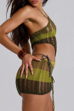 Green Sexy Hollow Out Patchwork Backless Halter Wrapped Skirt Dresses