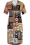 Purple Casual Geometric Print Pocket Contrast V Neck Printed Plus Size Dresses