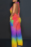 Blue Yellow Street Tie Dye Patchwork Backless Strap Design Halter Loose Jumpsuits