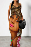 Red-brown Sexy Print Pocket Patchwork Spaghetti Strap Sling Dresses