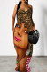 Yellow Brown Sexy Print Pocket Patchwork Spaghetti Strap Sling Dresses