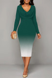 Green Elegant Gradient Print Contrast V Neck Printed Dresses
