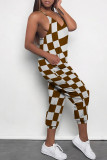 Blue Casual Daily Plaid Print Pocket Contrast V Neck Loose Jumpsuits