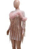 Pink Sexy Fringed Trim Ripped Patchwork See-Through Mesh Turtleneck Evening Dresses