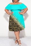 Light Color Casual Print Patchwork Off Shoulder Short Sleeve Plus Size Dresses