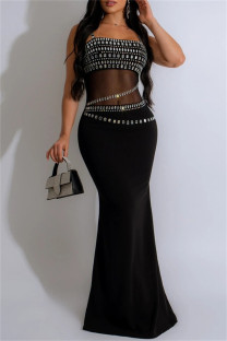 Black Sexy Patchwork Backless Hot Drill Spaghetti Strap Long Dresses