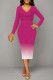 Rose Red Elegant Gradient Print Contrast V Neck Printed Dresses