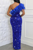 Rose Red Sexy Solid Color Sequins Patchwork Feathers High Slit Oblique Collar Long Dresses