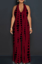 Burgundy Casual Tie Dye Patchwork Backless Halter Loose Jumpsuits
