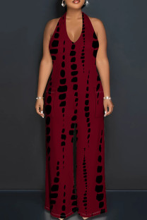 Burgundy Casual Tie Dye Patchwork Backless Halter Loose Jumpsuits