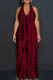 Burgundy Casual Tie Dye Patchwork Backless Halter Loose Jumpsuits
