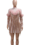 Pink Sexy Fringed Trim Ripped Patchwork See-Through Mesh Turtleneck Evening Dresses