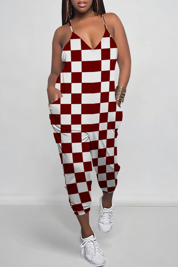 Red Casual Daily Plaid Print Pocket Contrast V Neck Loose Jumpsuits