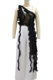 Black Sexy Solid Color Hollow Out Patchwork Mesh Oblique Collar Tops
