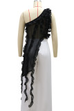 Black Sexy Solid Color Hollow Out Patchwork Mesh Oblique Collar Tops
