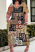 Khaki Casual Geometric Print Pocket Contrast V Neck Printed Plus Size Dresses