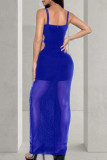 Blue Sexy Hollow Out Patchwork Backless Hot Drill Square Neck Long Dresses