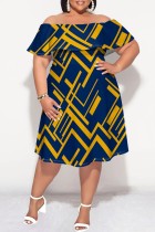 Navy Blue Casual Print Patchwork Off Shoulder Short Sleeve Plus Size Dresses