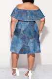 Light Color Casual Print Patchwork Off Shoulder Short Sleeve Plus Size Dresses